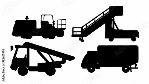 Airport ground operation silhouette collection with vehicles and equipment