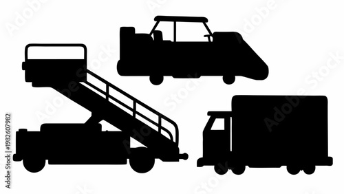 Airport ground operation silhouette collection with truck loader and transport vehicles