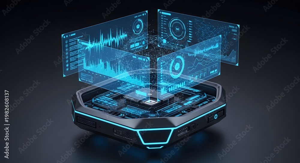 Fototapeta premium Futuristic electronic processing unit displaying holographic data interface with blue neon light glow.