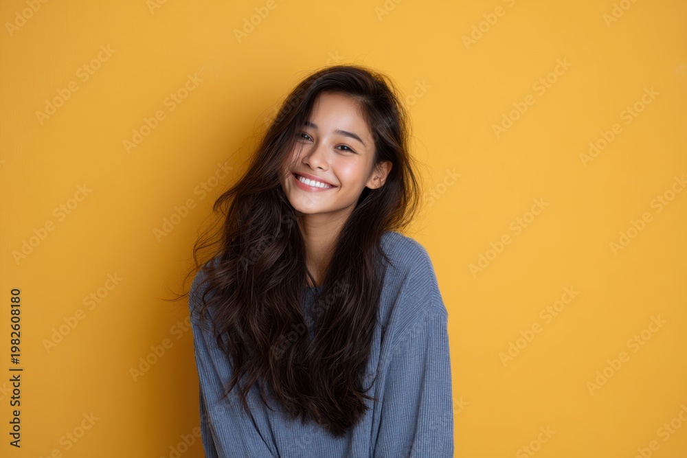 Fototapeta premium asian teenage girl with long wavy hair smiling brightly on solid background youthful positivity portrait