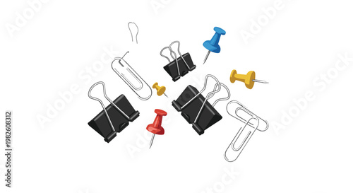 Office stationery clips collection with binder clips paper clips and push pins isolated on transparent background workplace supplies vector illustration set