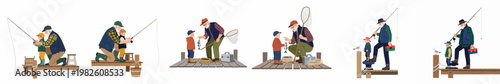 Flat illustration set of a grandfather teaching his grandson how to fish on a dock, featuring various poses with fishing rods, nets, and fish.