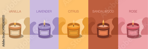Scented Candle Banner Set Flat Vector with Vanilla Lavender Citrus Sandalwood and Rose Home Fragrance Collection