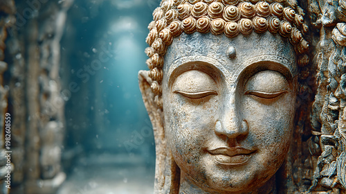 Cinematic digital art style weathered stone Buddha face in deep meditation, with serene expression against a mystical blue temple backdrop with ethereal light particles for spiritual wellness and mind