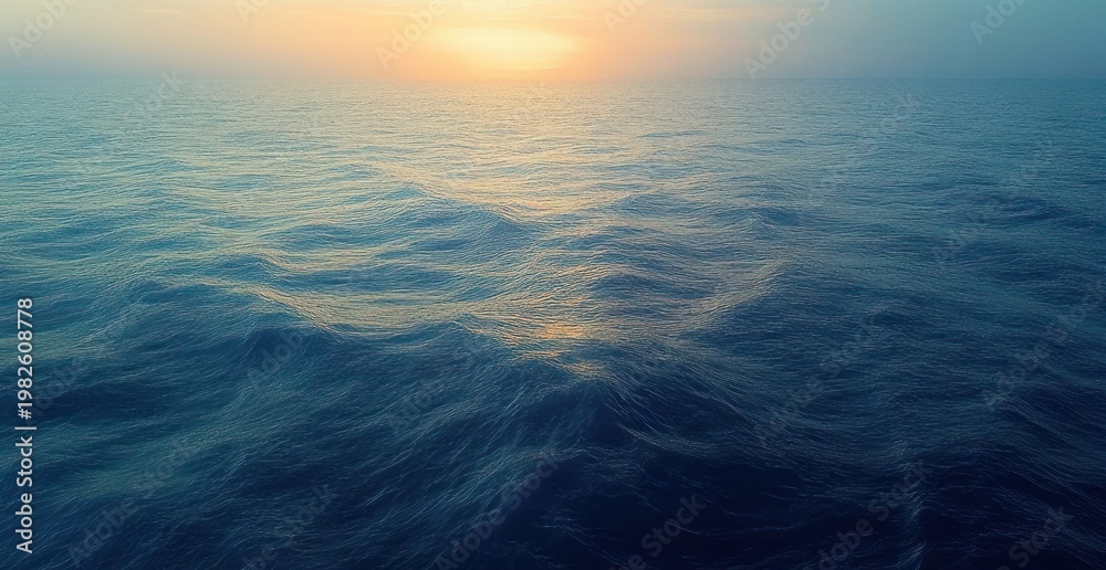 Obraz premium Peaceful open ocean at sunrise with gentle waves and warm golden light on the distant horizon, evoking calm and serenity