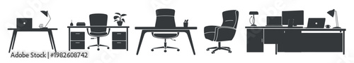 collection of modern office desk and chair silhouettes 