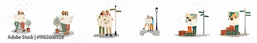 Flat vector illustration set of traveling couples looking at maps and carrying luggage while exploring city streets, perfect for tourism and travel concepts.