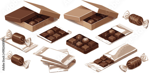 Chocolate packaging and candy bars collection with boxes wrappers and assorted pralines isolated on transparent background confectionery vector illustration set
