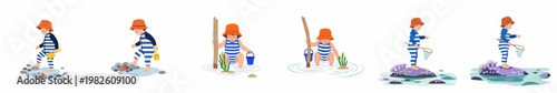 Set of illustrations showing a young child in a striped swimsuit exploring tide pools, playing with beach toys and a net in coastal nature.