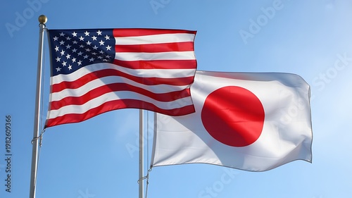 American, Japanese flags waving, United States and Japan national symbols, international relations, government, diplomacy