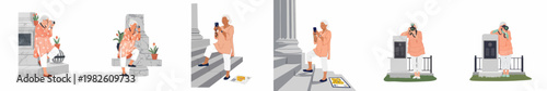 Set of flat illustrations featuring an active senior woman traveling, sightseeing, and taking photos with her camera and smartphone at various historical landmarks.