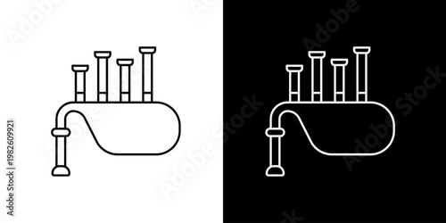 Clean vector outline of a classic folk instrument, depicting traditional bagpipes with chanter and drones, ideal for icon designs and cultural projects