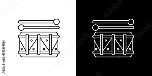 Minimalist outline icon of a classic snare drum with two drumsticks, symbolizing rhythm, music, and percussion instruments, ideal for diverse graphic design projects and musical themes