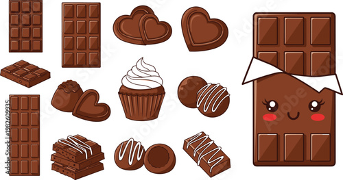 Cute chocolate characters and sweets collection with bars hearts cupcakes and candies isolated on transparent background playful dessert vector illustration