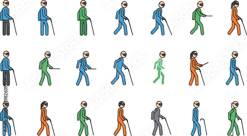 Elderly People Walking with Cane Illustration Set Showing Senior Characters in Different Poses, Movements, and Daily Activities with Mobility Support in Flat Design.