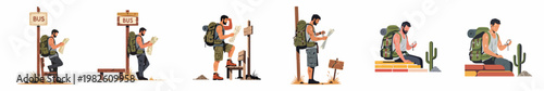 Collection of illustrations featuring a male traveler with a large backpack, navigating with a map and compass in various outdoor and desert settings.