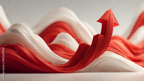 Red business growth arrow rising through textured wavy layers of red and white fabric represents successful financial market performance and economic progress today