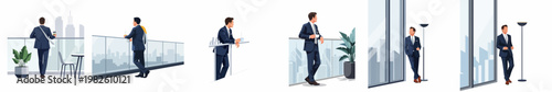 Set of minimalist illustrations depicting a successful businessman in a suit contemplating life and business from an office balcony overlooking a city skyline.