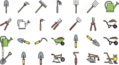 Gardening Hand Tools Collection Featuring Shovel, Rake, Fork, Pruners, Watering Can, and Wheelbarrow for Farming, Planting, and Outdoor Garden Work in Vector Design.