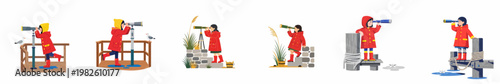 Illustrations of a young girl in a red raincoat exploring the coast and looking through telescopes from piers and lookouts.