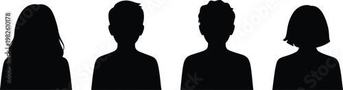 Four black silhouettes of people heads and shoulders