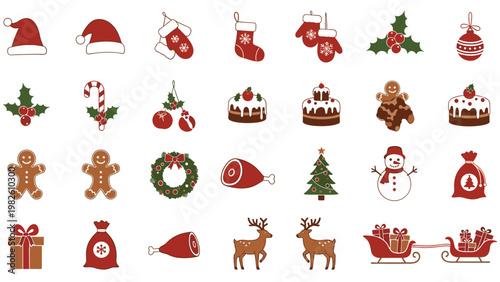 Collection of various festive Christmas icons including santa hat, mittens, wreath, gingerbread man, and snowmen on white background.
