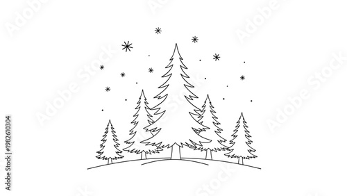 Simple line drawing of forest with several pine trees under starry night sky on plain white background for winter theme.