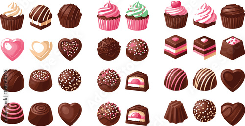 Assorted chocolates and cupcakes collection with heart shaped candies and sweet desserts isolated on transparent background colorful confectionery vector illustration
