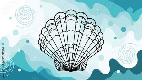 Stylized line drawing of a scallop seashell centered over an abstract background of blue and white waves and swirls.