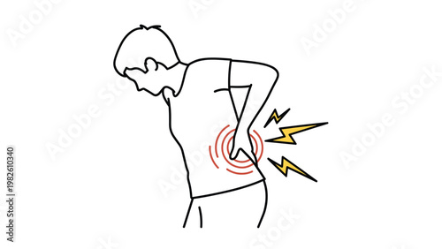 Mature man suffering from severe lower back pain and spinal discomfort shown by orange energy flashes on white background.