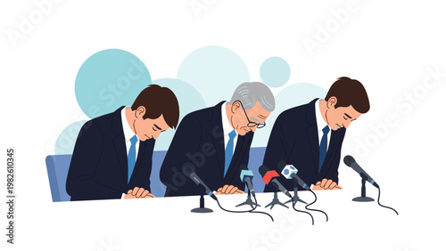Three Japanese businessmen in dark suits bowing deeply at press conference with microphones for apology or respect gesture.