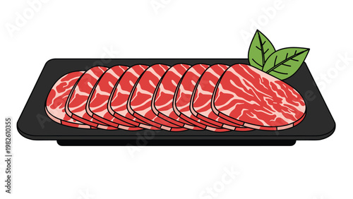 Sliced raw beef or pork meat with marble texture arranged on a black rectangular plate with green leaf garnish for cooking.
