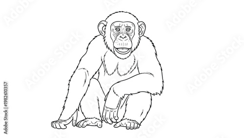 Detailed black and white line art illustration of a sitting chimpanzee looking directly forward on a white background.