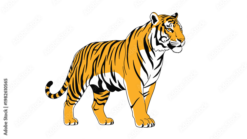 Obraz premium Powerful orange and black striped tiger walking forward with a confident gaze isolated on a clean white background illustration.