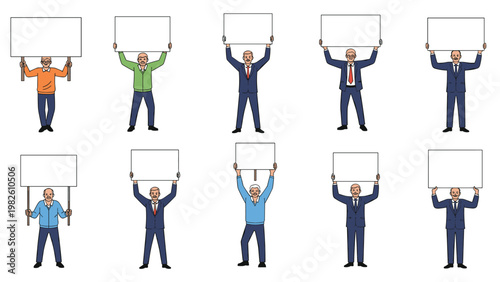 Grid of ten business people including men in suits holding blank white rectangular signs for various announcements.