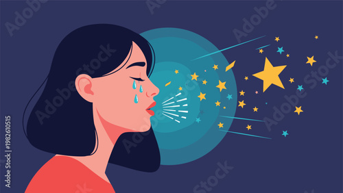Artistic illustration of a woman crying blue tears while bright yellow stars emerge from her breath against a dark blue evening background.