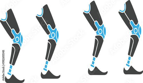 Prosthetic Leg Walking Cycle Illustration Showing Step-by-Step Movement of Artificial Limb with Bionic Knee Joint and Foot Motion in Flat Design.