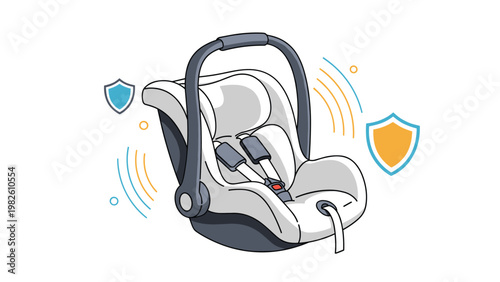 Modern grey and white baby car seat with safety straps and protective shield icons representing infant security and transportation.