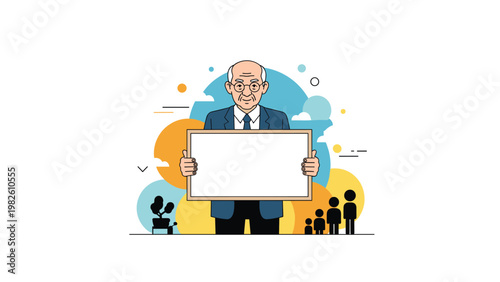 Smiling elderly man wearing glasses and a suit holds a large blank white horizontal frame for custom text against a colorful backdrop.