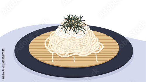 Bowl of cold udon or soba noodles served on a bamboo mat with shredded nori seaweed and sesame seeds on top for a light meal.