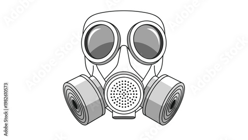 Protective grey gas mask with two large glass lenses and side filters shown in a front view illustration for safety and survival.