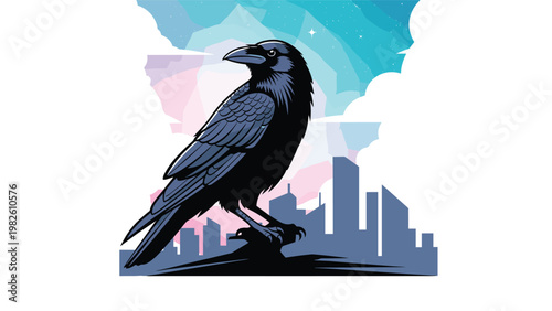 Black crow or raven perched on a high point overlooking a stylized city skyline with a colorful sunset sky in the background.