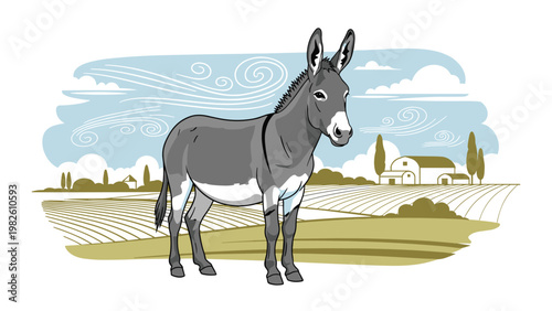 Grey donkey stands in a rural landscape with agricultural fields and farm buildings under a decorative blue sky with clouds.