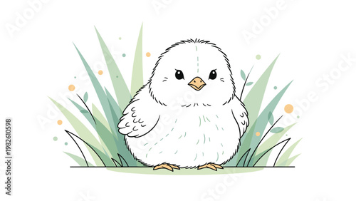 Adorable white fluffy baby chick sitting in the green grass with colorful floating circles in a soft pastel colored illustration.