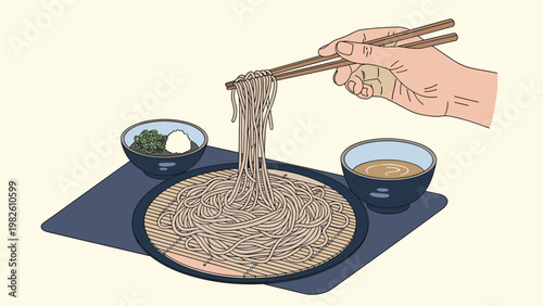 Hand holding wooden chopsticks lifting Japanese soba buckwheat noodles from a bamboo mat with dipping sauce and condiments nearby.