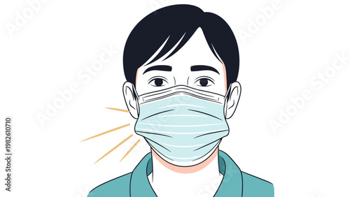 Portrait illustration of person wearing blue surgical face mask for protection against viruses and respiratory illnesses in public spaces.