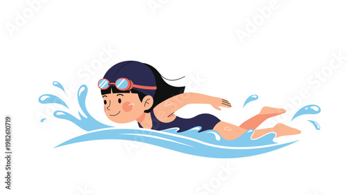 Young girl with swimming cap and goggles performing front crawl in sparkling blue water with splashing droplets for active lifestyle concepts.