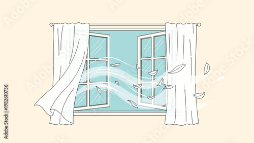 Open window with white curtains blowing in gentle breeze while feathers float through air into peaceful blue room with light and airy feeling.