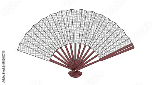 Traditional folding hand fan with decorative patterned paper and dark brown wooden ribs displayed in open position for cooling and fashion.
