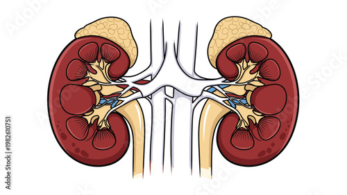 Detailed anatomical diagram of human kidneys including adrenal glands and internal structures such as cortex and medulla for medical study.